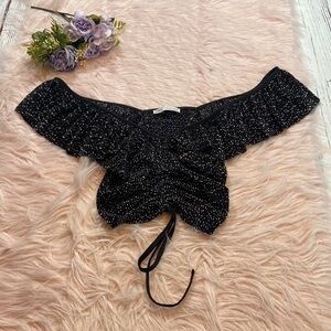 Zara Black Ruffled Polka Dot Cinched Crop Top sz S